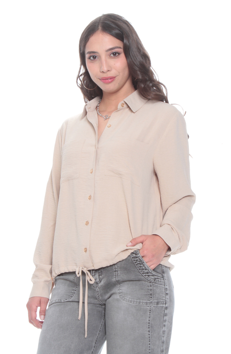 BLUSA MANGA LARGA SOLIDA CON CINTURA AJUSTABLE Y BOLSILLOS