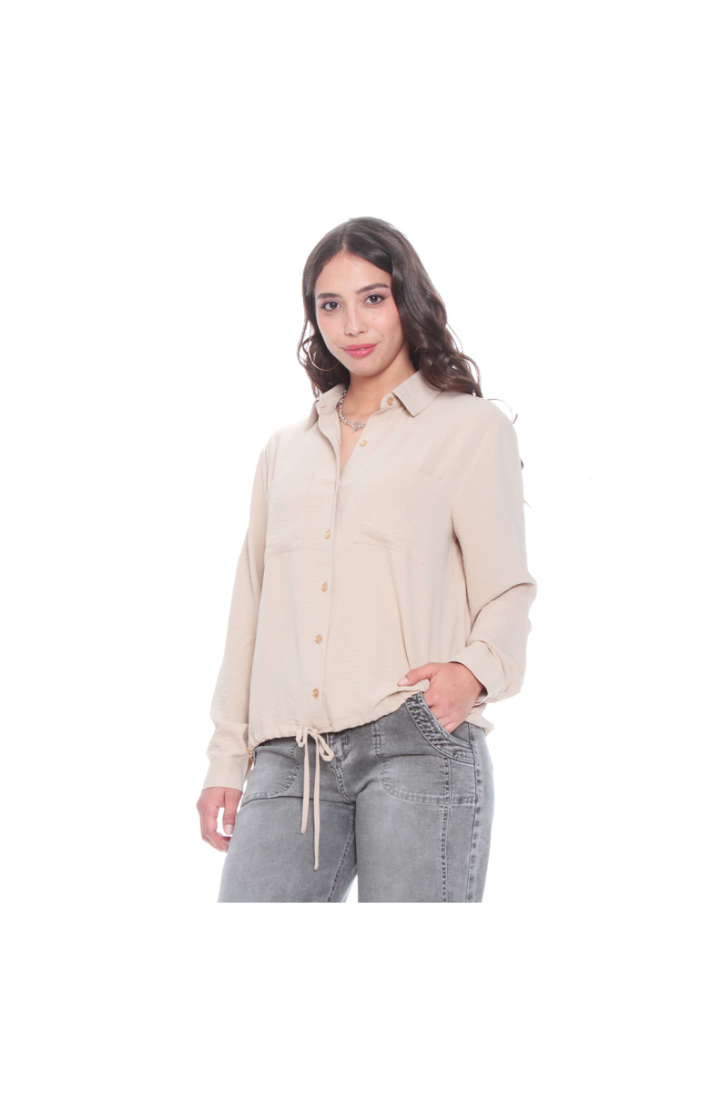 BLUSA MANGA LARGA SOLIDA CON CINTURA AJUSTABLE Y BOLSILLOS