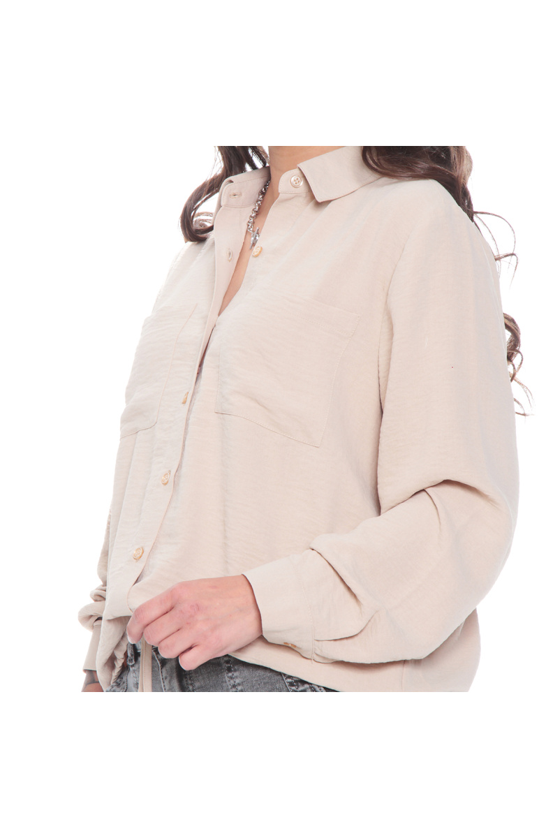 BLUSA MANGA LARGA SOLIDA CON CINTURA AJUSTABLE Y BOLSILLOS
