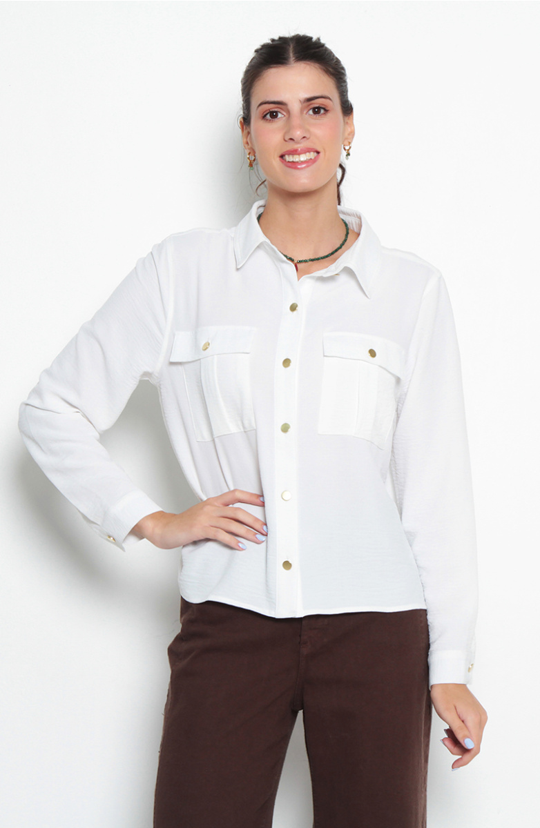 BLUSA MANGA LARGA ABOTONADA EN DELANTERO CON BOLSILLOS