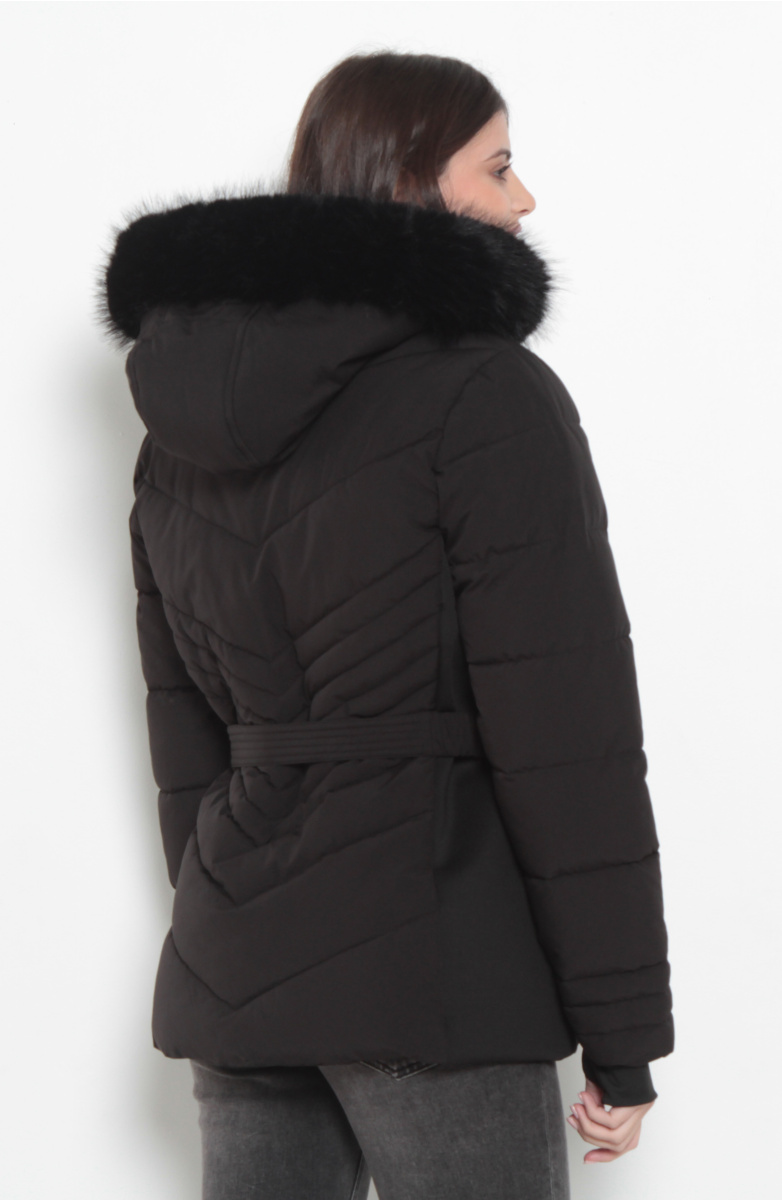 PARKA MANGA LARGA  CAPUCHA PIEL SINTETICA Y CINTURON