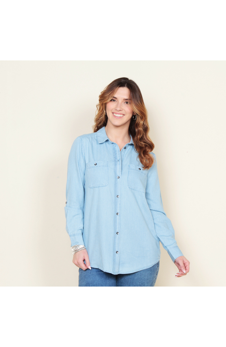 BLUSA MANGA LARGA LYOCELL LISTADA ABOTONADA EN DELANTERO Y BOLSILLO