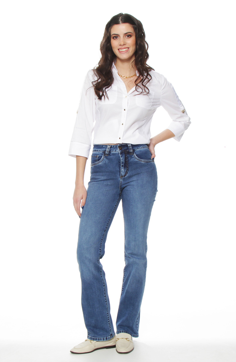 JEANS RECTO TIRO ALTO  PRETINA BASICA 1 BOTON PUSH IN PUSH UP