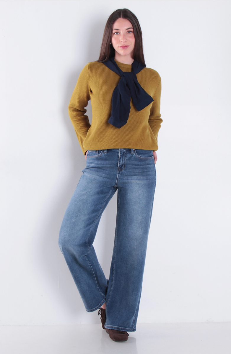 Jeans Wide Leg Tiro Alto Pretina Basica 1 Boton
