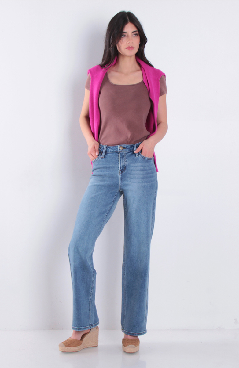 Jeans Wide Leg Tiro Alto Pretina Basica 1 Boton