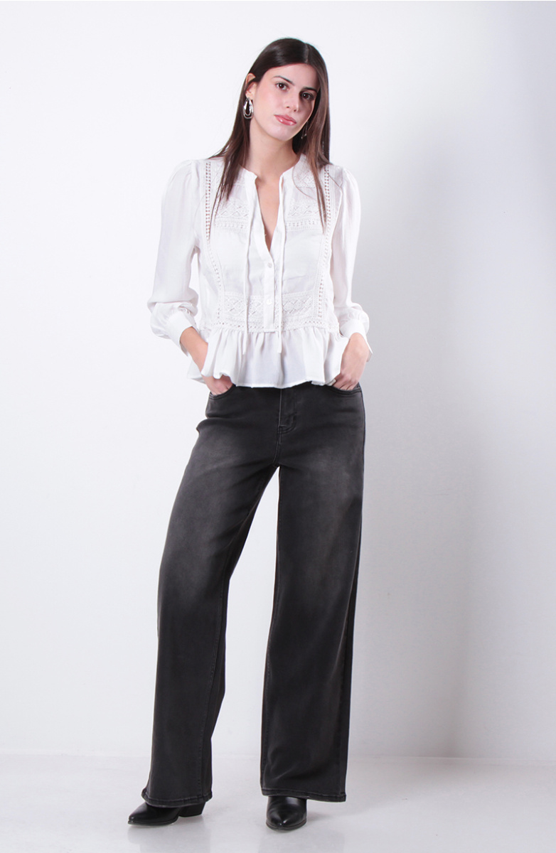 Jeans Wide Leg Tiro Alto Pretina  Basica 1 Boton