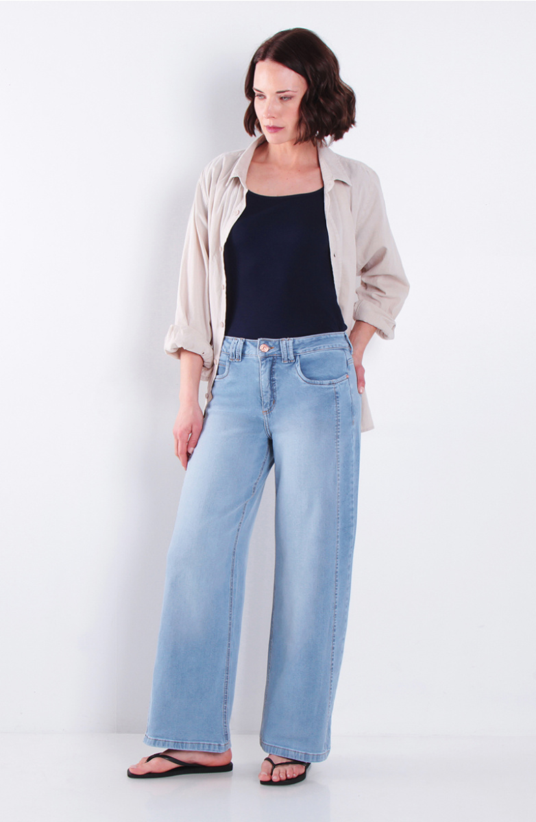 Jeans Wide Leg Tiro Alto Pretina Basica 1 Boton