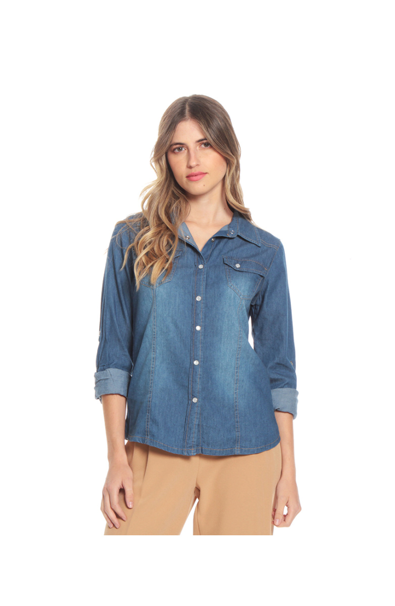 BLUSA MANGA LARGA AJUSTABLE DEMIM CON BOLSILLOS Y TAPETA
