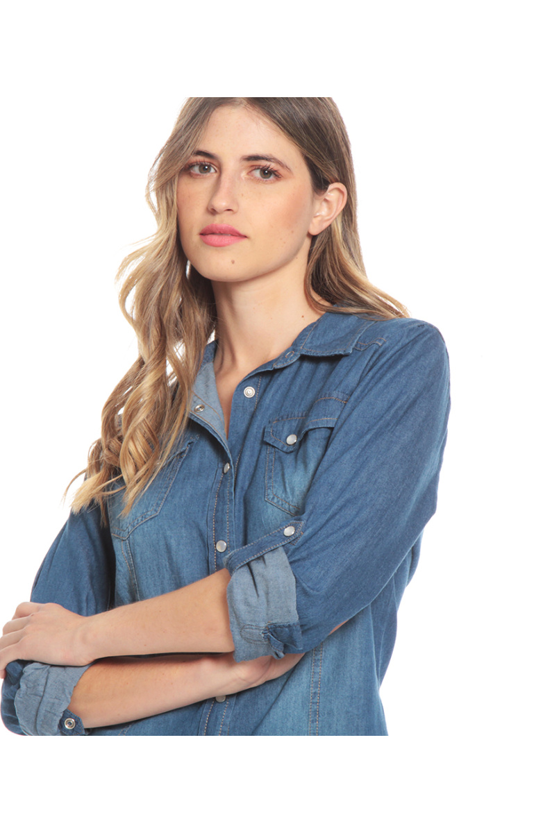 BLUSA MANGA LARGA AJUSTABLE DEMIM CON BOLSILLOS Y TAPETA