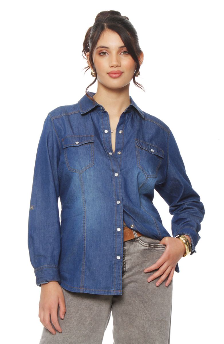BLUSA MANGA LARGA AJUSTABLE DEMIM CON BOLSILLOS Y TAPETA