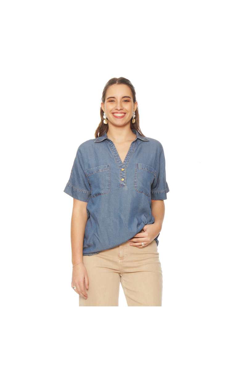 BLUSA MANGA CORTA TENCEL  ESCOTE V CON BOLSILLOS
