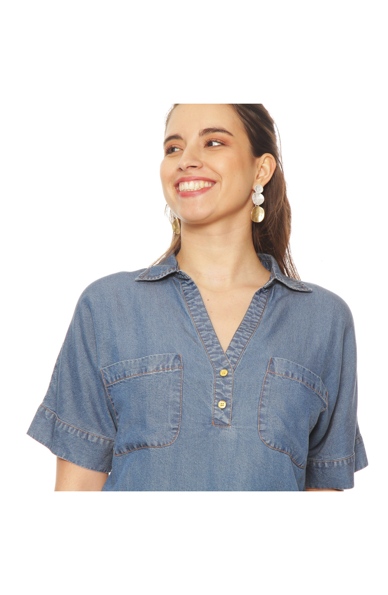 BLUSA MANGA CORTA TENCEL  ESCOTE V CON BOLSILLOS