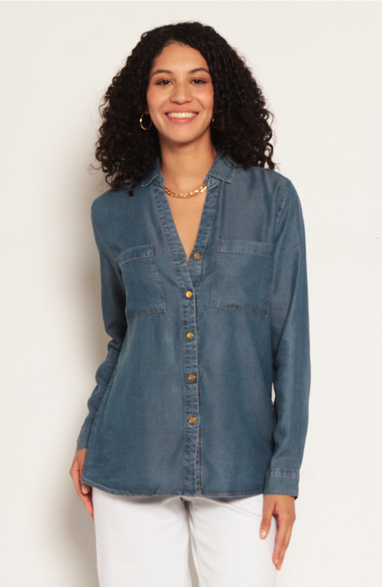 BLUSA MANGA LARGA TENCEL ABOTONADA EN ELANTERO Y BOLSILLOS