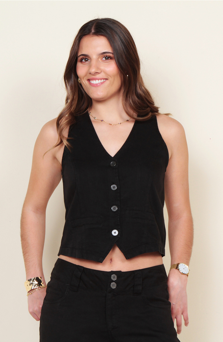 Vest Sin Manga Denim Abotonado En Delanteroq