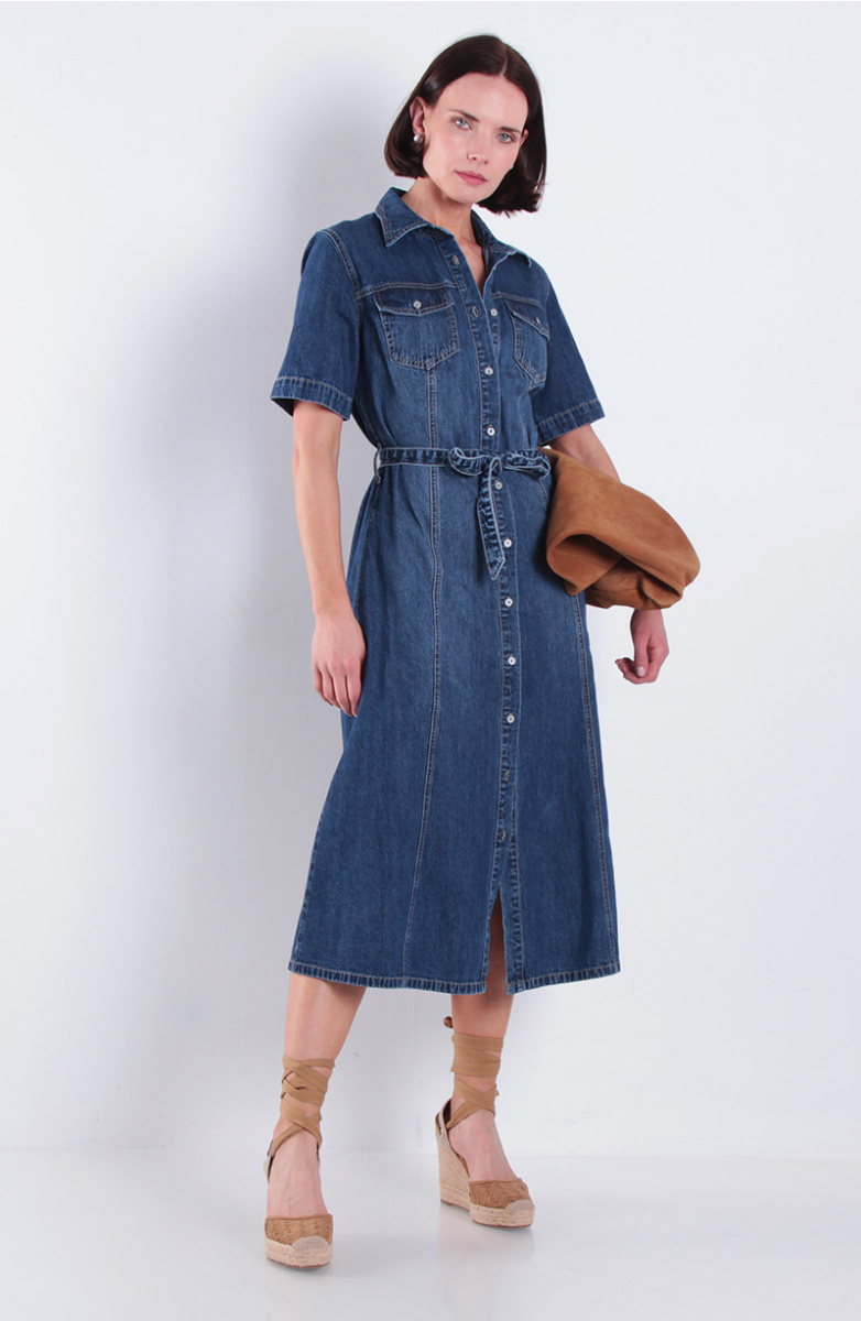 Vestido Manga Corta Denim Abotonado En Delantero Y Lazo En  Cintura