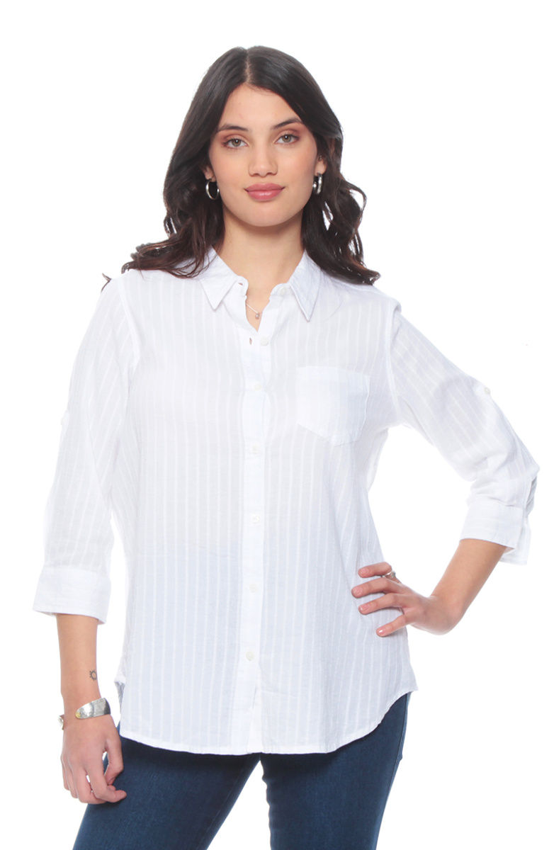 BLUSA MANGA LARGA LISTADA ABOTONADA EN DELANTERO