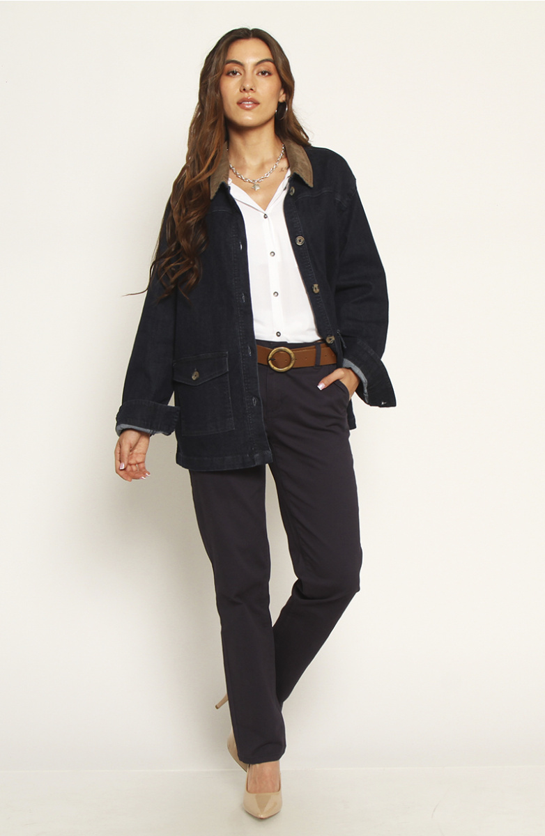 CHAQUETA MANGA LARGA DENIM CON BOLSILLOS Y CUELLO