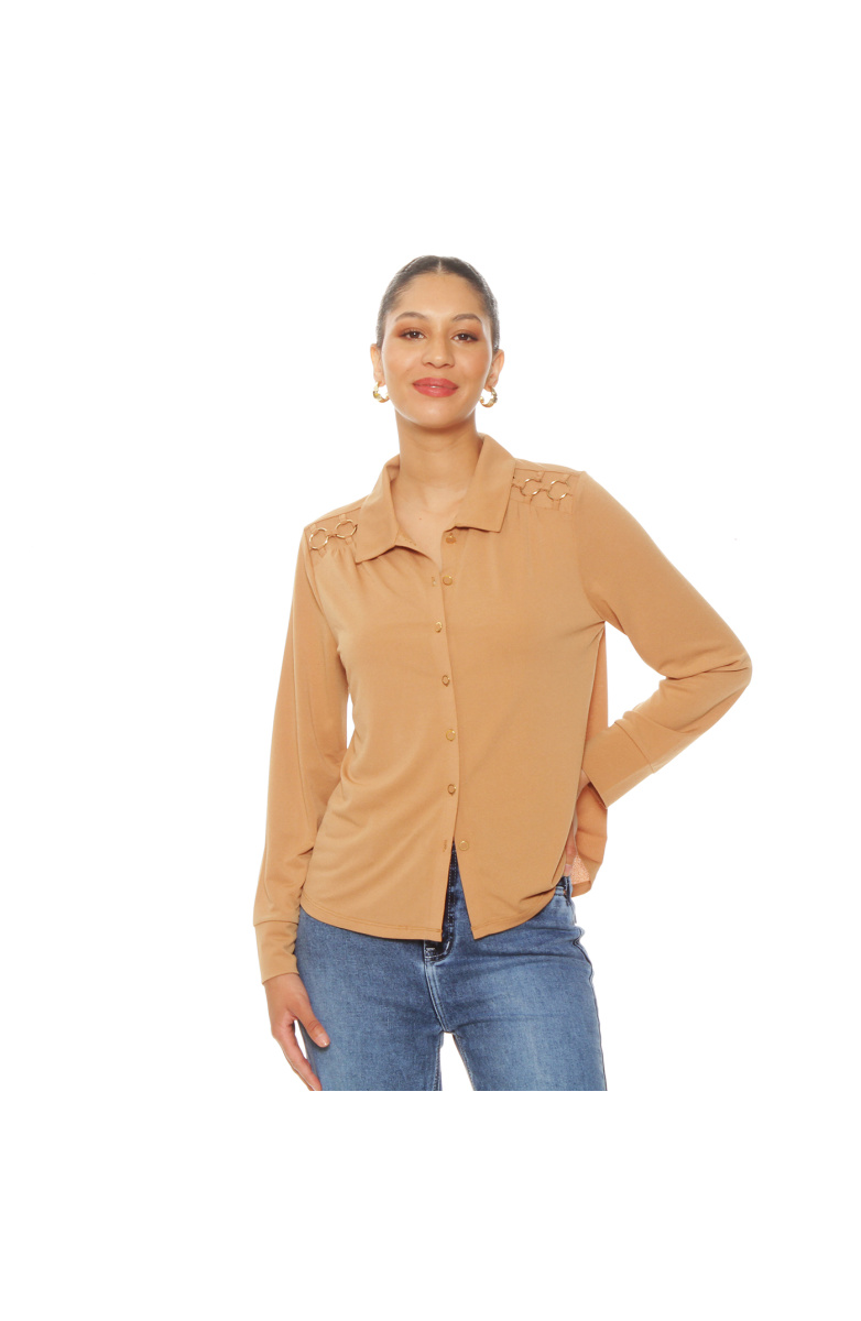 BLUSA MANGA LARGA ABOTONADA EN DELANTERO CON APLICACION EN HOMBROS