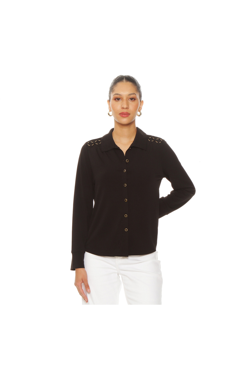 BLUSA MANGA LARGA ABOTONADA EN DELANTERO CON APLICACION EN HOMBROS