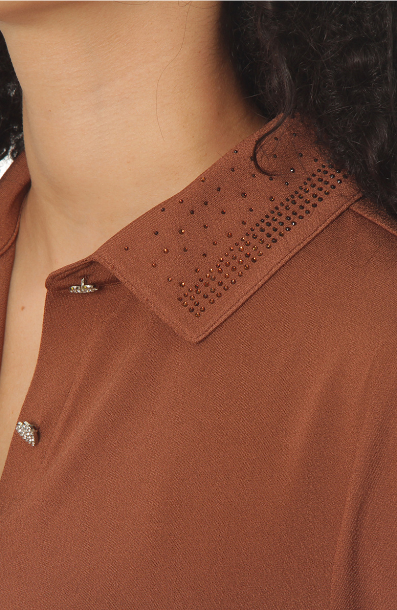 BLUSA MANGA LARGA ABOTONADA EN DELANTERO CON APLICACION EN CUELLO