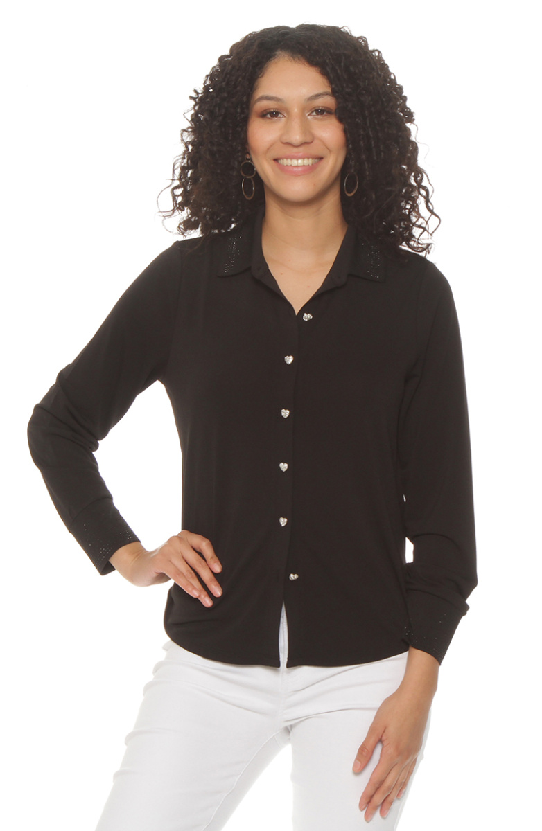 BLUSA MANGA LARGA ABOTONADA EN DELANTERO CON APLICACION EN CUELLO