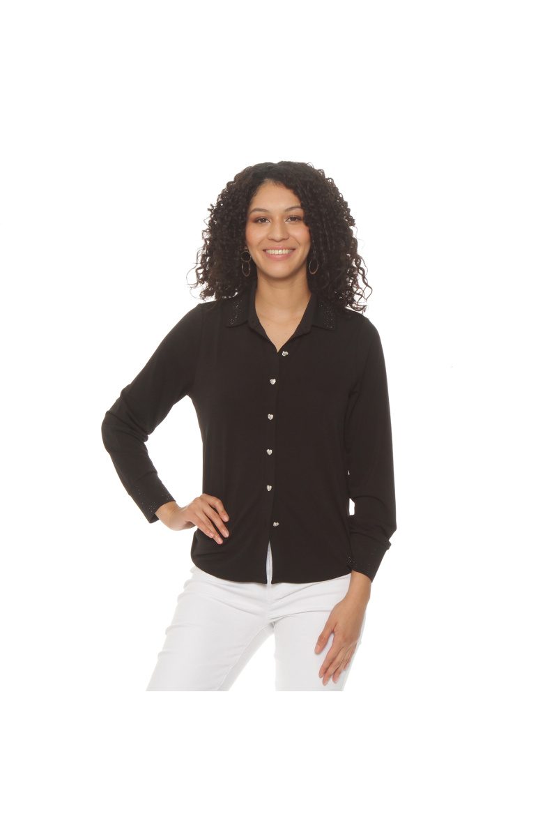 BLUSA MANGA LARGA ABOTONADA EN DELANTERO CON APLICACION EN CUELLO