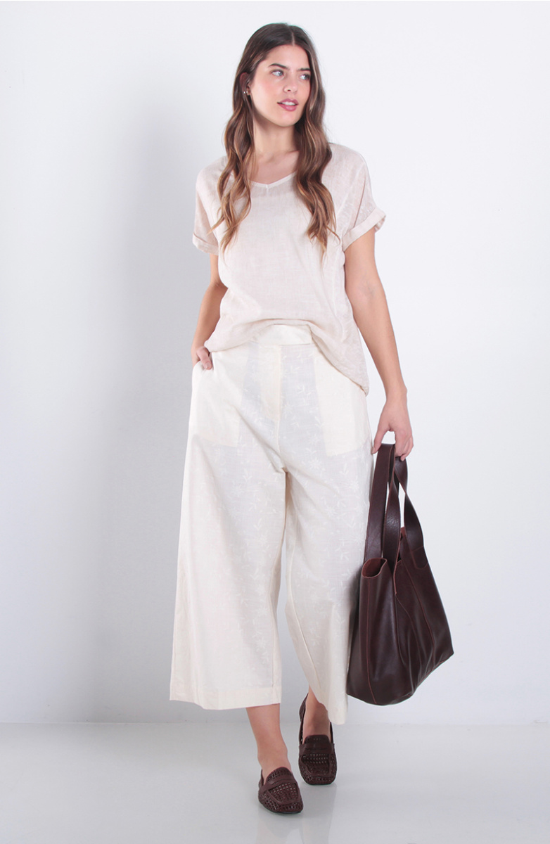 Pantalon Wide Leg Lino Bordado Tiro Alto Pretina Basica