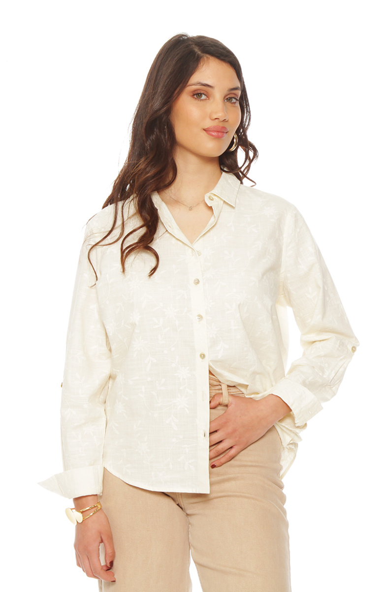 BLUSA MANGA LARGA LINO BORDADO ABOTONADA EN DELANTERO