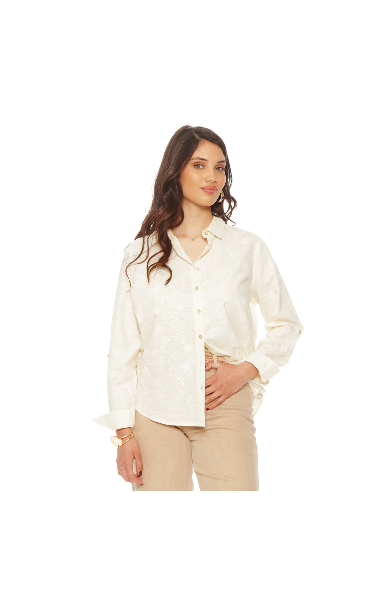 BLUSA MANGA LARGA LINO BORDADO ABOTONADA EN DELANTERO