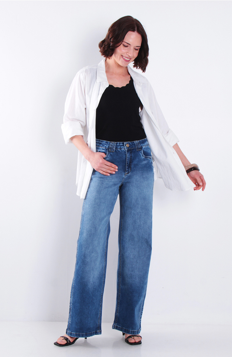 Jeans Wide Leg Tiro Alto Pretina Basica 1 Boton