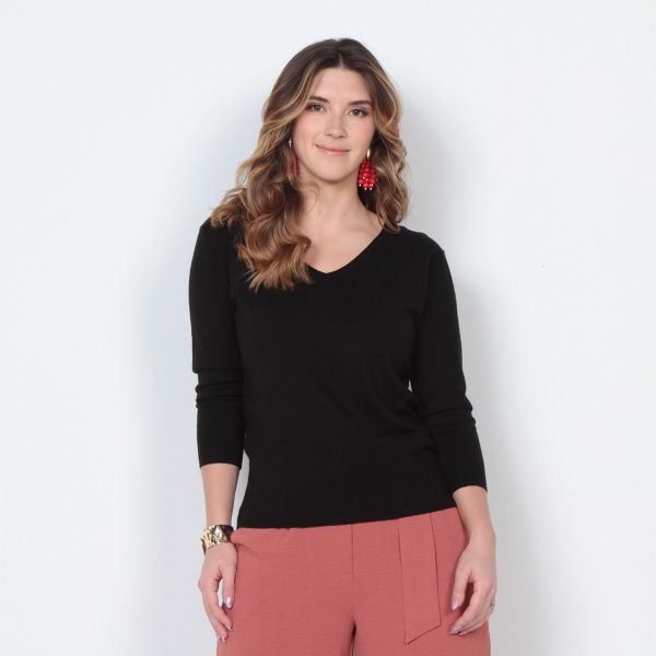 SWEATER MANGA 3/4 SOLIDO ESCOTE V