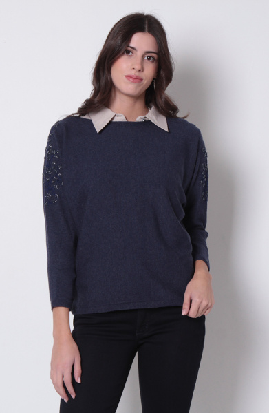 SWEATER MANGA 3/4 ESCOTE BOTE CON APLICACION EN MANGAS