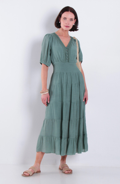 Vestido Manga 3/4 Escote V Y Cintura Elasticada