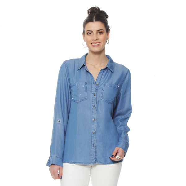 BLUSA DENIM CUELLO CAMISERO APLICACION TACHAS Y PERLAS