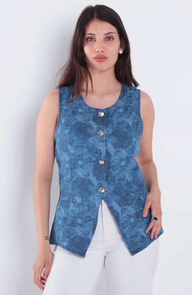 Vest Lyocell Estampada Sin Manga Abotonada En Delantero Escote Redondo