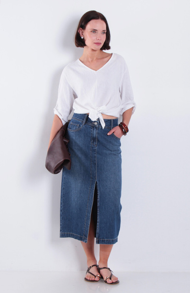 Falda Denim Pretina Media 2 Botones Con Abertura En Delantero