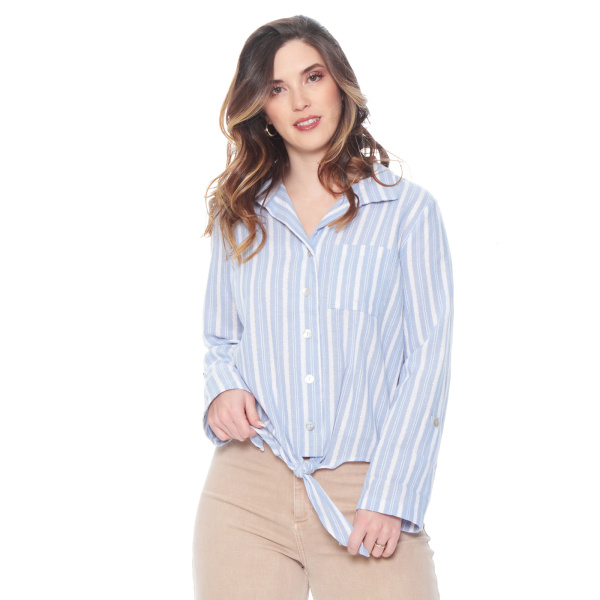 BLUSA MANGA LARGA LISTAA CON LUREX ABOTONADA EN DELANTERO CON NUDO
