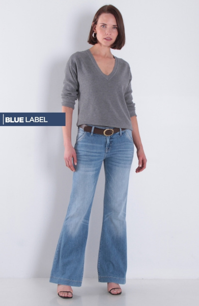 Jeans Flare Tiro Bajo Pretina Basica 1 Boton