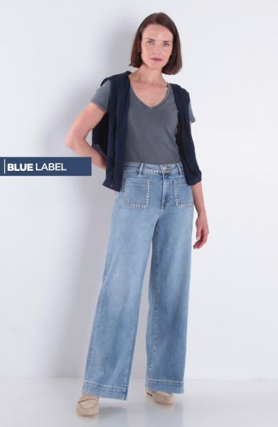 Jeans Wide Leg Tiro Alto Pretina Basica 1 Boton Con Tachas