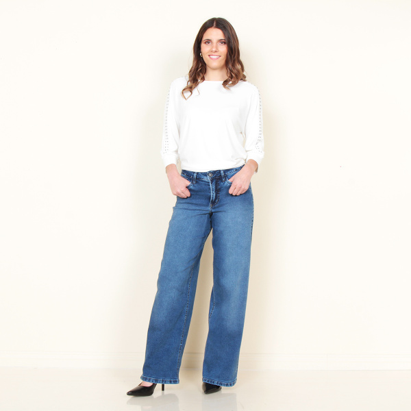 JEANS RECTO TIRO ALTO PRETINA 1 BOTON PUSH UP CINTURON DENIM