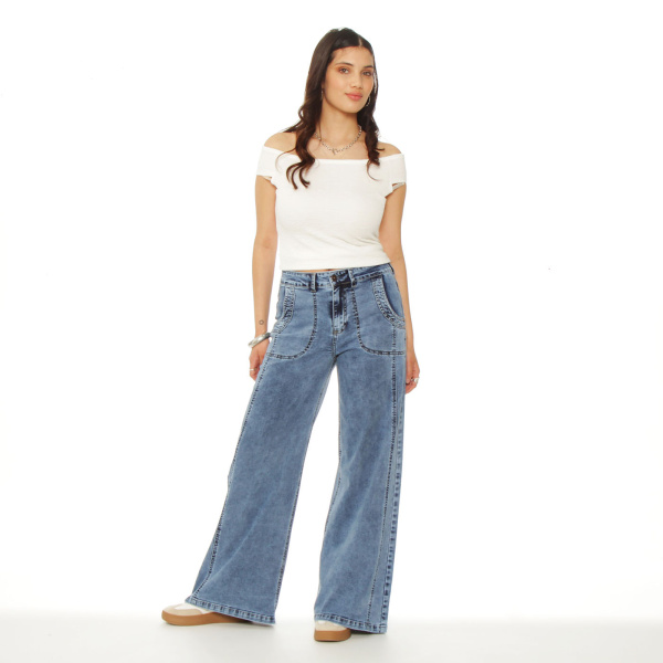 JEANS CARGO WIDE LEG TIRO ALTO PRETINA BASICA 1 BOTON COSTADILLO