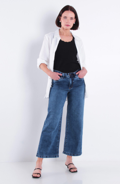 Jeans Crop Wide Leg Tiro Alto Pretina Basica 1 Boton