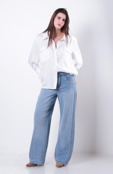 Jeans Wide Leg Tiro Alto Pretina Basica 1 Boton