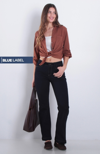 Jeans Flare Tiro Alto Pretina Basica 1 Boton
