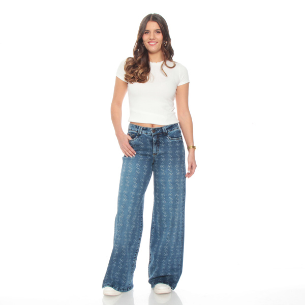 JEANS WIDE LEG TIRO ALTO FULL PRINT PRETINA 1 BOTON