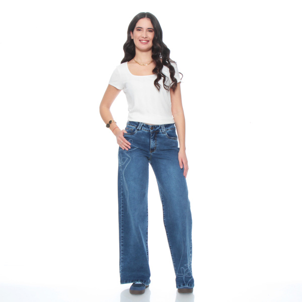 JEANS WIDE LEG TIRO ALTO FLOR LASER PRETINA BASICA 1 BOTON