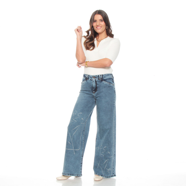 JEANS WIDE LEG TIRO ALTO PRINT PRETINA 1 BOTON