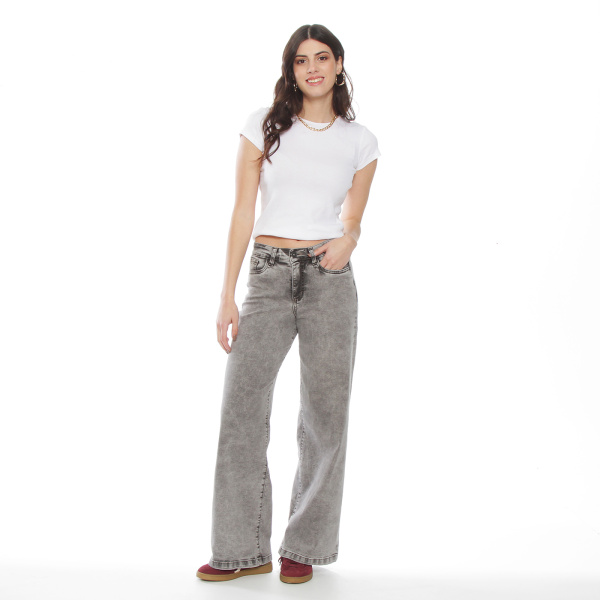 JEANS CON BORDADO WIDE LEG TIRO ALTO PRETINA BASICA 1 BOTON