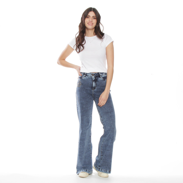 JEANS WIDE LEG TIRO ALTO BORDADO PRETINA BASICA 1 BOTON SECRET