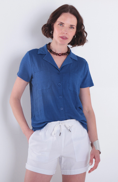 Blusa Manga Corta  Abotonada En Delantero Y Bolsillo